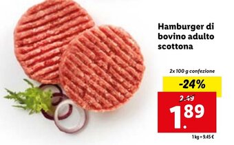 Lidl Hamburger di bovino adulto scottona 2x 100 g confezione offerta