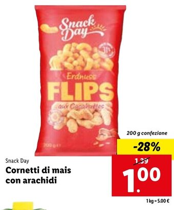 Lidl Snack Day Cornetti di mais con arachidi 200 g confezione offerta