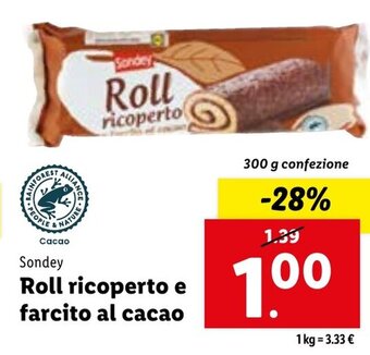 Lidl Sondey Roll ricoperto e farcito al cacao 300 g confezione offerta