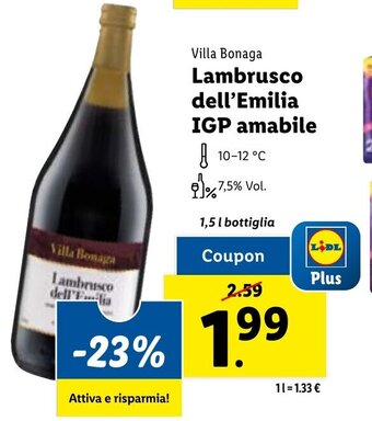 Lidl Villa Bonaga Lambrusco dell'Emilia IGP amabile 1,5 l bottiglia offerta
