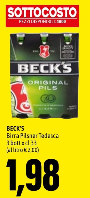 BECK'S Birra Pilsner Tedesca 3 bott x cl 33
