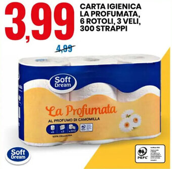 Eurospin CARTA IGIENICA LA PROFUMATA, 6 ROTOLI, 3 VELI, 300 STRAPPI offerta