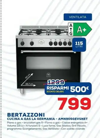 Euronics Bertazzoni La Germania Americana AMN905GEVSNET Piano Cottura Gas A+ Nero Cucina offerta