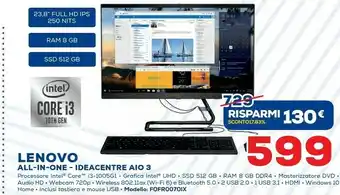 Euronics Lenovo IdeaCentre AIO 3 27IMB05 68,6 Cm (27") 1920 X 1080 Pixel Intel® Core™ I5 Di Decima Generazione 8 GB DDR4-SDRAM 512 GB offerta