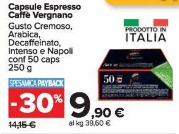 Carrefour Capsule Espresso Caffè Vergnano 250 g offerta
