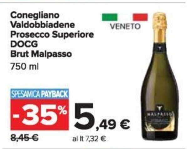 Carrefour Conegliano Valdobbiadene Prosecco Superiore DOCG Brut Malpasso 750 ml offerta