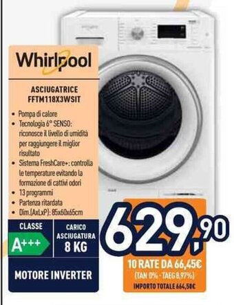 Unieuro Whirlpool ASCIUGATRICE FFTM118X3WSIT offerta