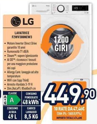 Unieuro LG LAVATRICE F2WV308NEW3 offerta