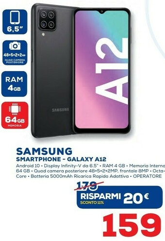Euronics Samsung Galaxy A12 16,5 Cm (6.5") Doppia SIM 4G USB Tipo-C 4 GB 64 GB 5000 MAh Nero offerta