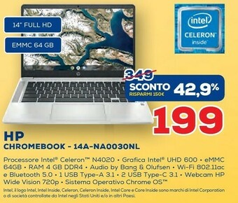 HP Chromebook 14a-na0030nl 35,6 Cm (14") Full HD Intel® Celeron® 4 GB LPDDR4-SDRAM 64 GB EMMC Wi-Fi 5 (802.11ac) Chrome OS Ar