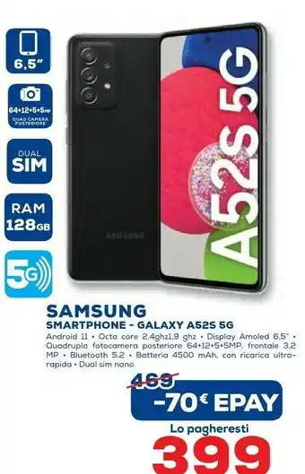 Euronics Samsung Galaxy A52s 5G SM-A528B 16,5 Cm (6.5") Dual SIM Ibrida Android 11 USB Tipo-C 6 GB 128 GB 4500 MAh Nero offerta