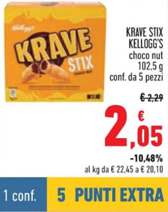 Conad KRAVE STIX KELLOGG'S choco nut 102,5 g conf. da 5 pezzi offerta