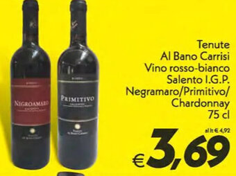 Iper Super Conveniente Tenute Al Bano Carrisi Vino rosso-bianco Salento I.G.P. Negramaro/Primitivo/ Chardonnay 75 cl offerta