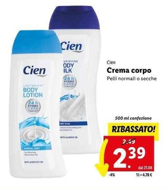 Lidl Cien Crema corpo 500 ml offerta