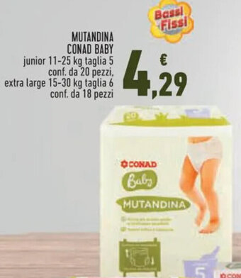 Conad MUTANDINA CONAD BABY junior 11-25 kg taglia 5 conf. da 20 pezzi, extra large 15-30 kg taglia 6 conf. da 18 pezzi offerta