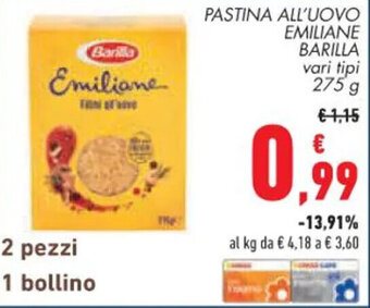 Conad PASTINA ALL'UOVO EMILIANE BARILLA vari tipi 275 g offerta