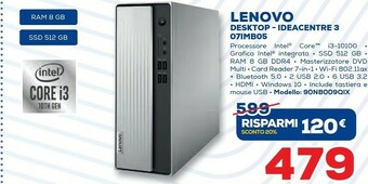 Euronics Lenovo IdeaCentre 07IMB05 DDR4-SDRAM I3-10100 SFF Intel® Core™ I3 Di Decima Generazione 8 GB 512 GB SSD Windows 10 Home PC Gr offerta