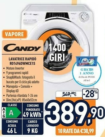 Unieuro Candy Lavatrice offerta