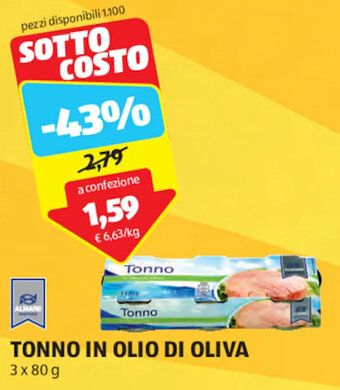 ALDI ALMARE TONNO IN OLIO DI OLIVA 3x80g offerta