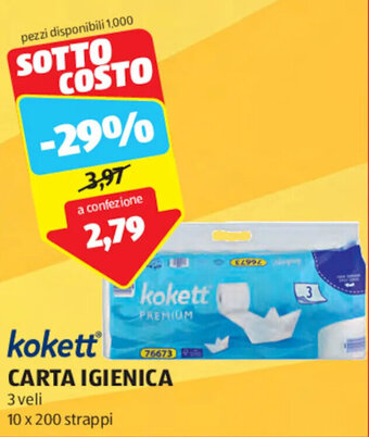ALDI kokett CARTA IGIENICA 3 veli 10 x 200 strappi offerta