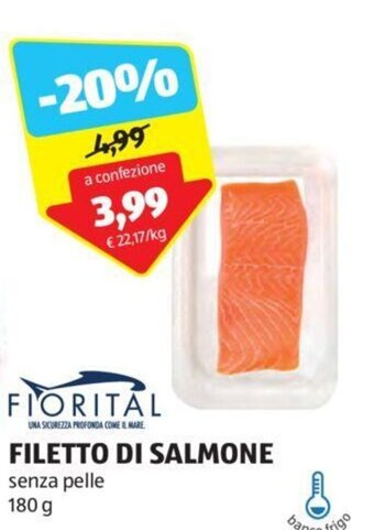ALDI FIORITAL FILETTO DI SALMONE senza pelle 180 g offerta