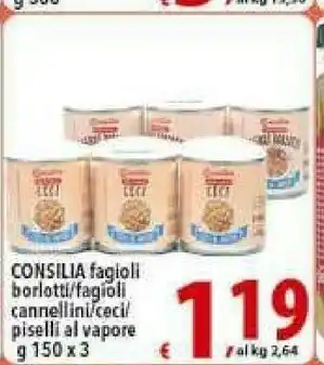 Iper Triscount Consilia Fagioli Borlotti/ Fagioli Cannellini/ Ceci/ Piselli Al Vapore offerta