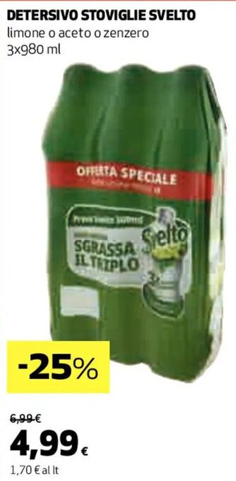 Coop DETERSIVO STOVIGLIE SVELTO limone o aceto o zenzero 3x980 ml offerta