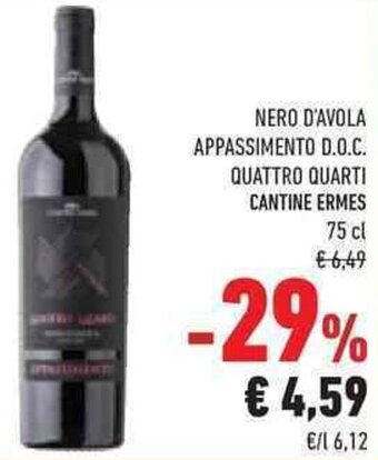 Conad NERO D'AVOLA APPASSIMENTO D.O.C. QUATTRO QUARTI CANTINE ERMES 75 cl offerta