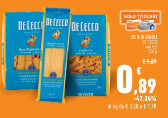 Conad PASTA DI SEMOLA DE CECCO vari tipi 500 g offerta