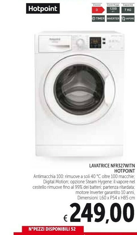 Hotpoint NFR327W IT N Lavatrice Libera Installazione Caricamento Frontale 7  Kg 1200 Giri/min D Bianco offerta di Conad Ipermercato