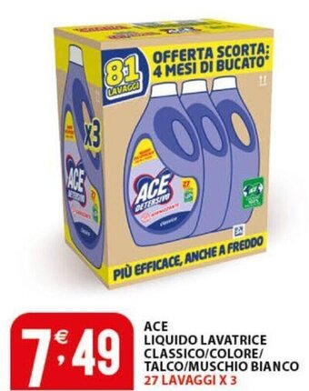 Sisa ACE LIQUIDO LAVATRICE CLASSICO/COLORE/ TALCO/MUSCHIO BIANCO 27 LAVAGGI X 3 offerta