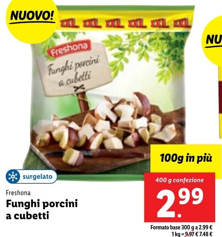 Freshona Funghi porcini a cubetti 400 g confezione offerta di Lidl