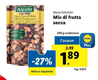 Lidl Alesto Selection Mix di frutta secca 200 g confezione offerta