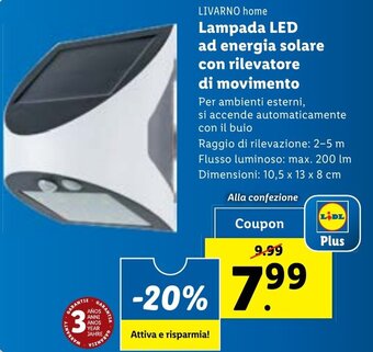 Lidl LIVARNO home Lampada LED ad energia solare con rilevatore di movimento offerta