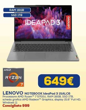 Euronics LENOVO NOTEBOOK IdeaPad 3 15ALC6 offerta