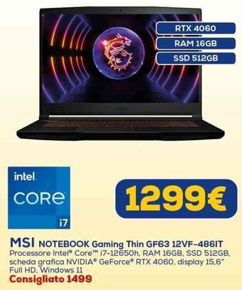 Euronics MSI NOTEBOOK Gaming Thin GF63 12VF-486IT offerta