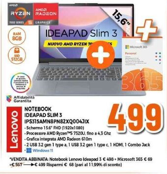 Expert Lenovo NOTEBOOK IDEAPAD SLIM 3 IPS315AMN8PN82XQ004JIX offerta