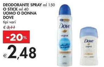 Bennet DEODORANTE SPRAY ml 150 O STICK ml 40 UOMO O DONNA DOVE offerta