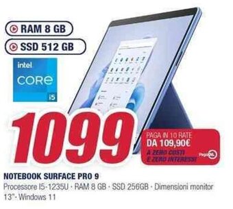 NOTEBOOK SURFACE PRO 9 Processore 15-1235U- RAM 8 GB SSD 256GB Dimensioni monitor 13 Windows 11