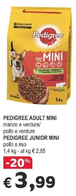 Crai PEDIGREE ADULT MINI manzo e verdure/ pollo e verdure PEDIGREE JUNIOR MINI pollo e riso 1,4 kg offerta