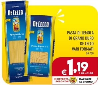 PASTA DI SEMOLA DI GRANO DURO DE CECCO VARI FORMATI GR 750