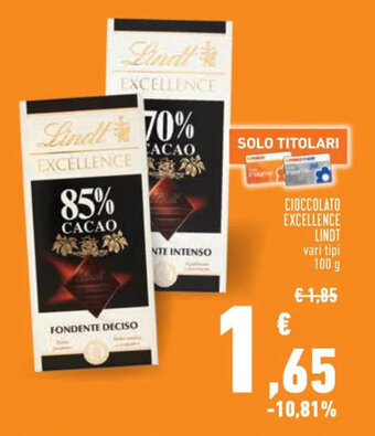 Conad Superstore CIOCCOLATO EXCELLENCE LINDT vari tipi 100 g offerta