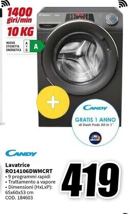 MediaWorld Candy lavatrice ro14106dwmcrt offerta