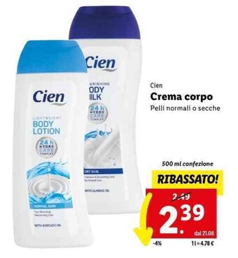 Lidl Cien Crema corpo 500 ml offerta