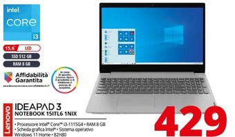 Comet Lenovo ideapad 3 15itl6 i3-1115g4 computer portatile 39,6 cm (15.6) full hd intel core i3 8 gb ddr4-sdram 512 gb ssd wi-fi 6  offerta