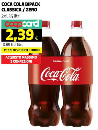 Coop COCA COLA BIPACK CLASSICA/ZERO 2x1,35 litri offerta