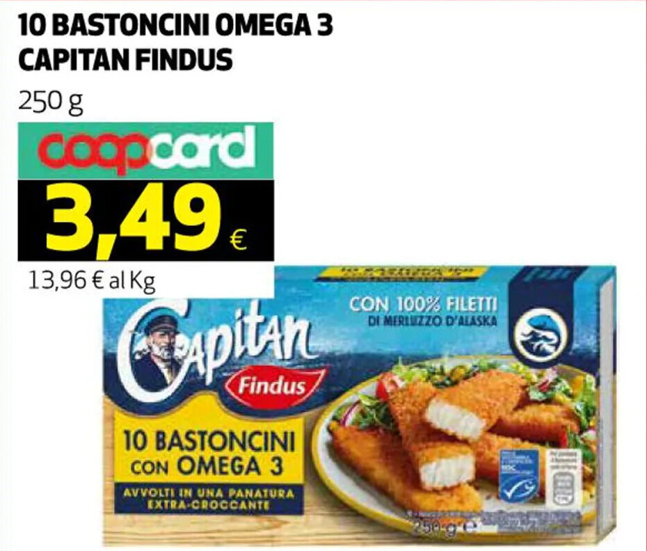 Coop 10 BASTONCINI OMEGA 3 CAPITAN FINDUS 250 g offerta