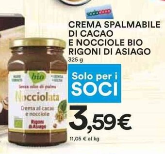 Coop CREMA SPALMABILE DI CACAO E NOCCIOLE BIO RIGONI DI ASIAGO 325 g offerta