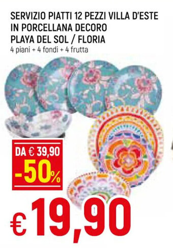 SERVIZIO PIATTI 12 PEZZI VILLA D'ESTE IN PORCELLANA DECORO PLAYA DEL SOL / FLORIA