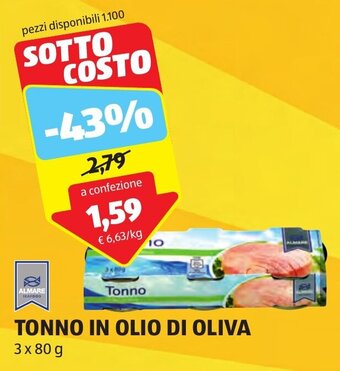 ALDI ALMARE TONNO IN OLIO DI OLIVA 3 x 80 g offerta